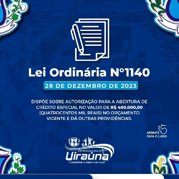 Prefeitura Municipal de Uiraúna publica Lei Ordinária nº 1140/2023, para aquisição de aparelho de Raio-X.